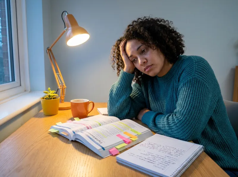 Adult English learner looking tired while studying a thick grammar book at a desk
