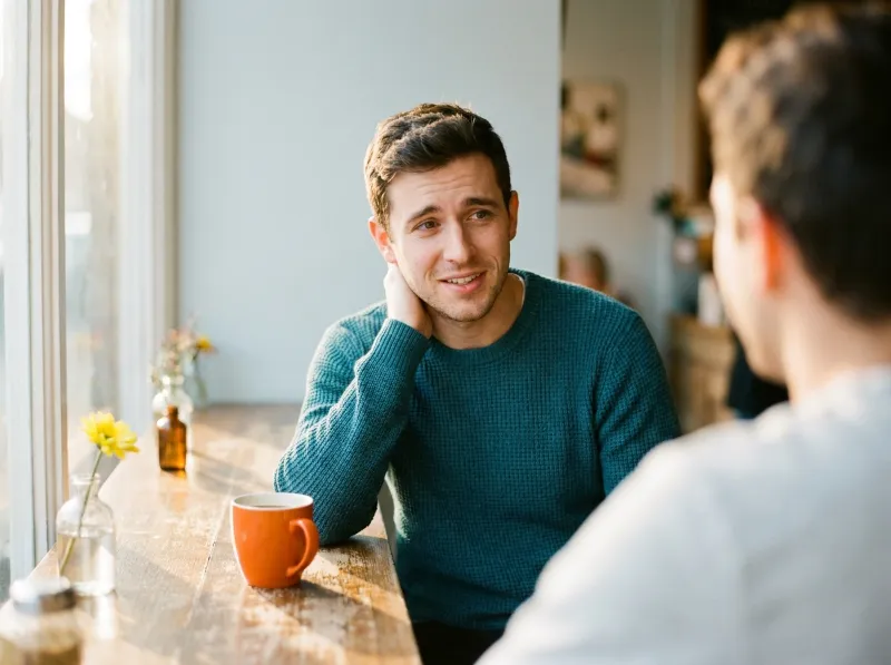 English learner hesitating and searching for words while talking with a friend in a café