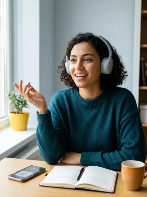 Smiling English learner with headphones practicing speaking out loud at a desk with a notebook and phone