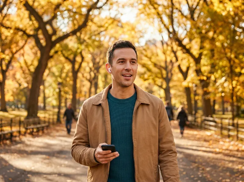Man practising English shadowing with wireless earbuds while walking in a park